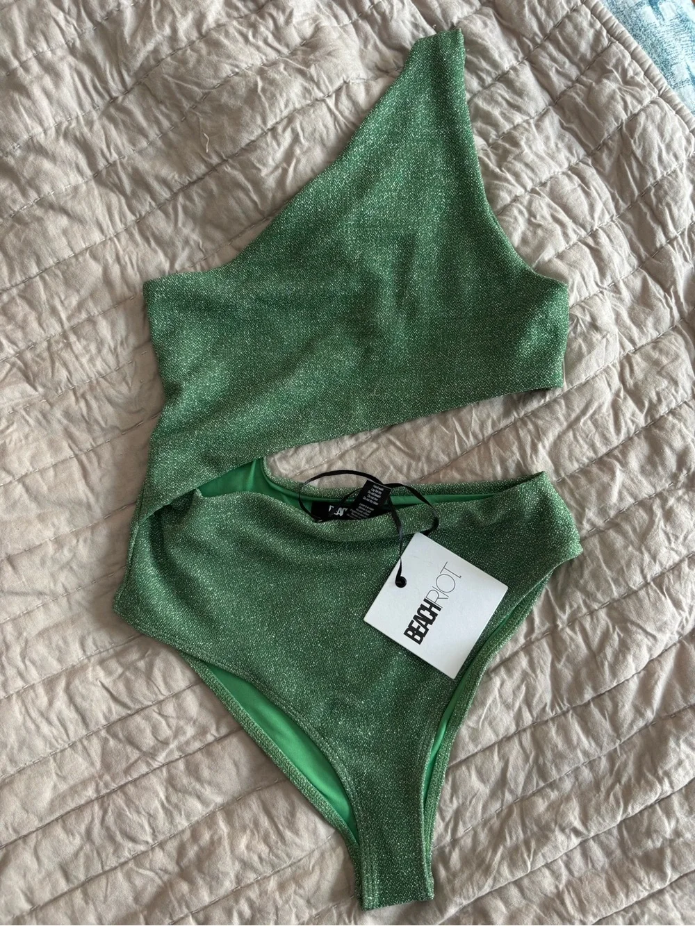 Beach Riot Metallic Green One-Shoulder Cutout Bodysuit